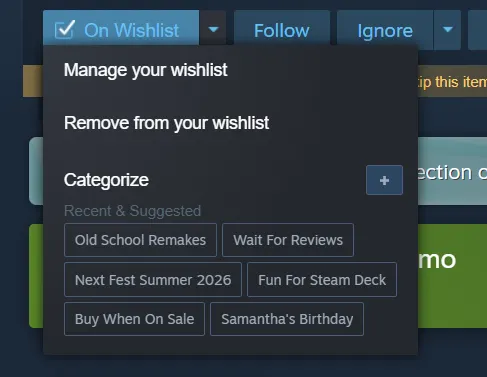 Steam 官方公告中的願望清單分類選單